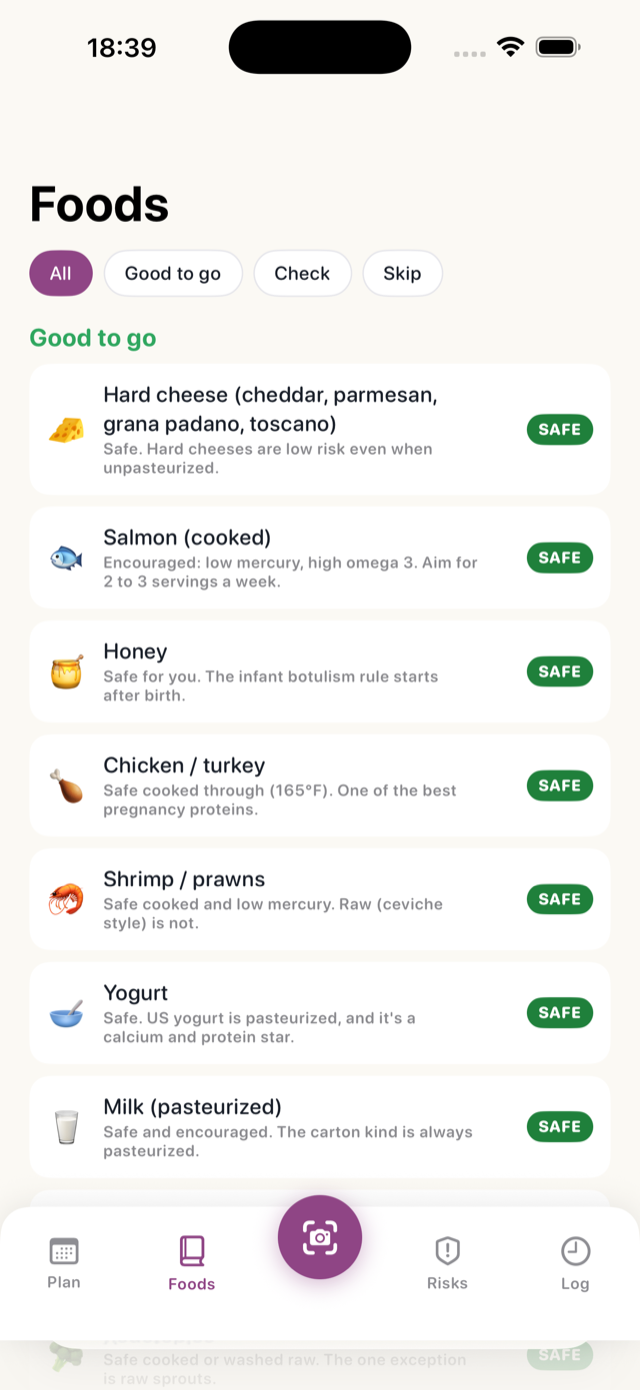 BumpBites app showing a list of foods with safety verdicts